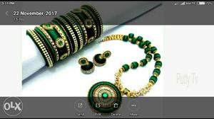 Green And Gold Necklace With Sari Bangles And Pair Of