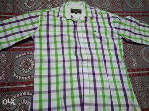 Green, White, And Purple Plaid Dress Shirt