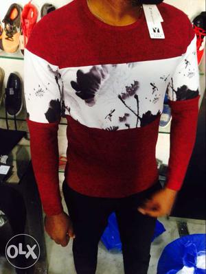 Men's Red And White Floral Crew-neck Long-sleeved Shirt