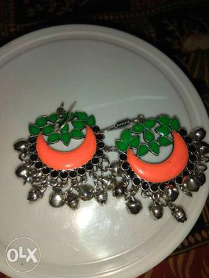 Orange-green-and-silver-colored Hoop Earrings