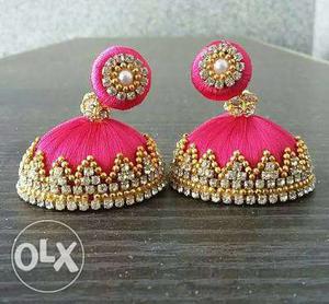 Pair Of Pink-and-gold Silk Thread Jhumkas
