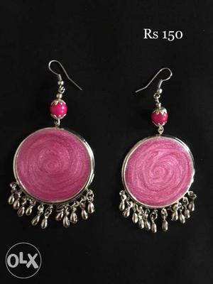Pair Of Silver-colored And Pink Drop Earring