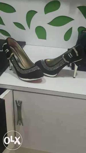 Pair Of Women's Black Suede Platform Stilettos