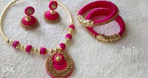 Pink And Gold-colored Necklace,bangles And Pair Of Jhumkas