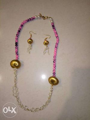 Pink Beaded Gold Link Necklace And Pair Of Hook Earrings