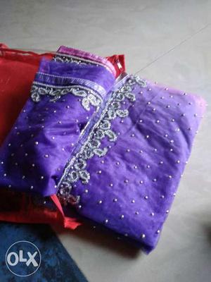 Purple Embroidery Folded Sari