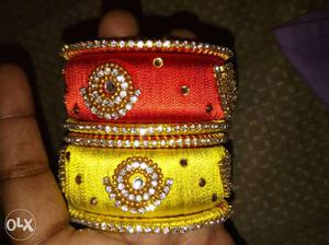 Two Red And Yellow Silk-thread Bangles