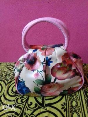 White And Multicolored Floral Handbag