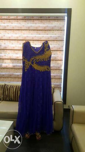 Women's Blue And Brown V-neck Sleeveless Dress