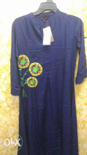 Women's Blue And Yellow Floral Long Sleeve Dress