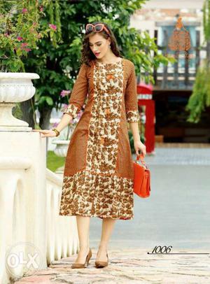 Women's Brown And Beige Floral Elbow-sleeve Dress