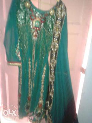 Women's Green And Gold Floral Sari Dress