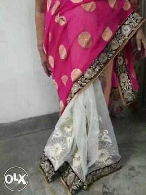 Women's Pink And White Floral Sari