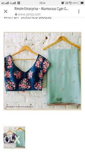Women's Teal And Blue Floral Sari