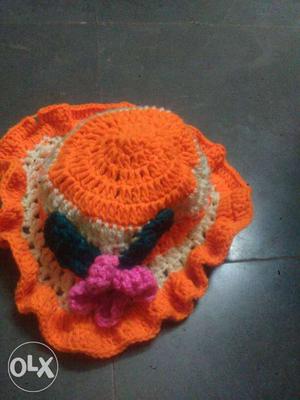 Kids Orange And White Knit Hat