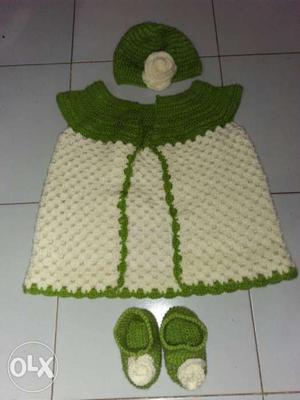 Girl's White And Green Knitted Dress