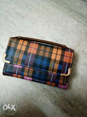 Blue And Brown Plaid Leather Snap Long Wallet
