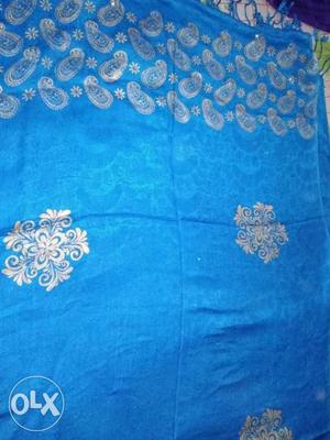 Blue And White Floral Fringe Textile