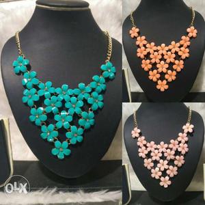 Blue, Orange, And Pink Floral Bib Necklaces