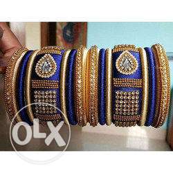 Blue-and-gold-colored Diamond Encrusted Silk Thread Bangle