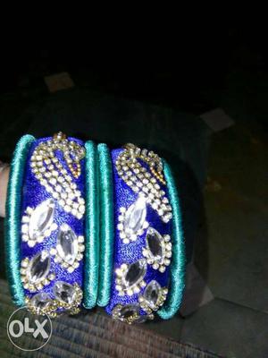 Blue-and-teal Floral Silk Tread Bangles