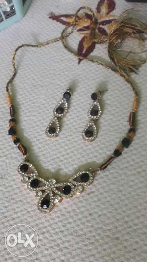Brown, Diamond, And Black Beaded Necklace With Earrings