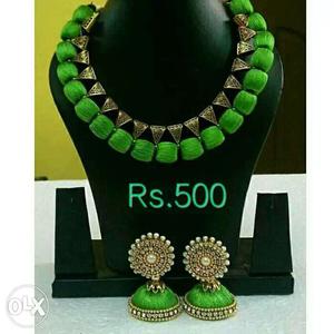 Green Silk Thred Necklace And Jhumkas