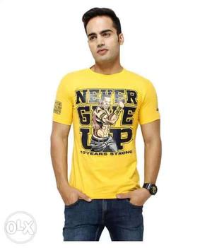 Men's Yellow And blue Never Give Up Print Crew-neck Shirts