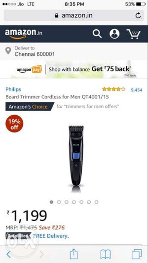New Black Philips Beard Trimmer Cordless For Men
