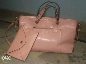 Pink Leather Shoulder Bag And Clutch Bag