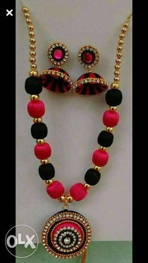 Red And Black Beaded Necklace With Jhumka Earrings