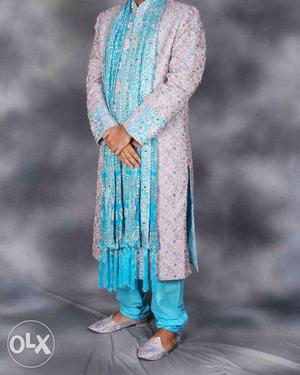 Sherwani Size XXL Blue and Pink Colored for Marriage. Fixed