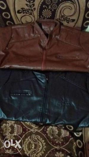 Two Brown And Black Leather Zip-up Jacket