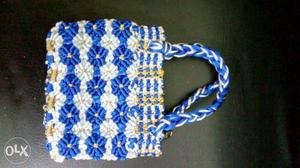 White And Blue Floral Knitted Handbag