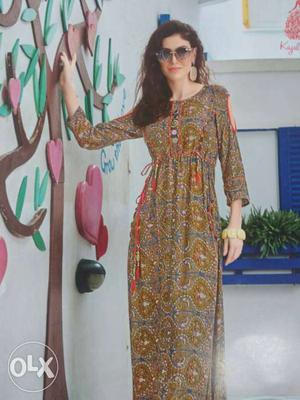 Women's Brown And Green Floral Long-sleeved Dress
