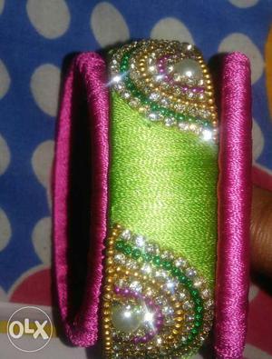 Women's Green And Pink Beaded Bangles