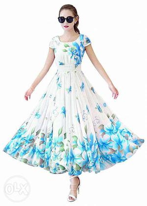 Women's White And Blue Floral Dress