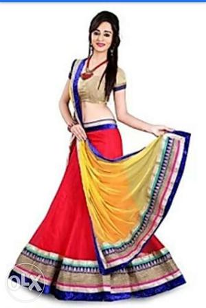 Women's Yellow, Red, Blue, And Beige Sari Traditional Dress