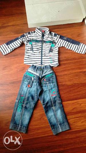 1-) Kids designer denim pant with jacket shirt.