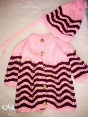 Baby pink and maroon set of two (swetter + cap)