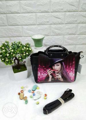 Black With Woman Print Leather 2-way Bag