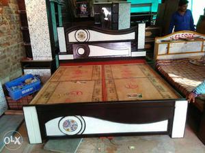 Brown And White Wooden Platform Bed Frame