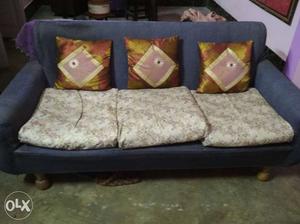 Brown Wooden Framed Brown Padded 3-seat Couch