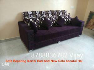 Brown Wooden Framed Purple Padded Sofa