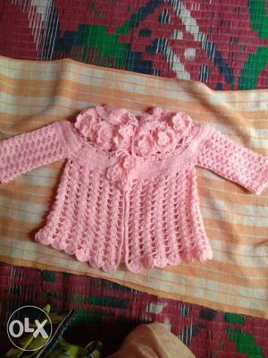 Girl's Knitted Pink Elbow-sleeved Shirt