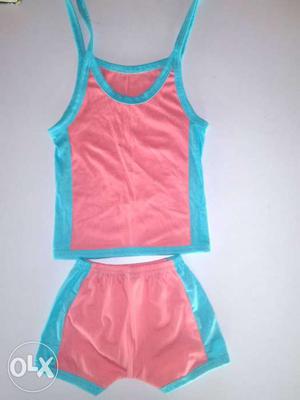 Girl's Pink And Blue Sleeveless Top And Shorts