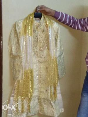 Golden Sherwani with Pyjama & Chunni for 10 years Child