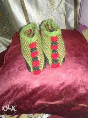 Pair Of Green-red-black Knitted Socks