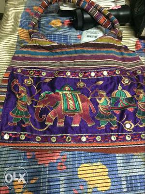 Purple, Green, And Red Fabric Printed Bag