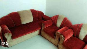 Red Suede Sofa Set With Throw Pillows